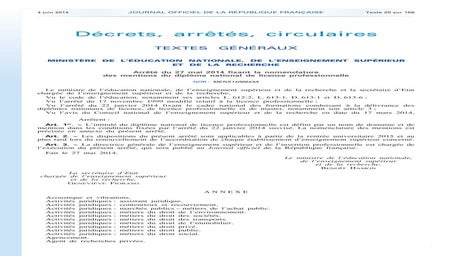 Arrêté sur la nomenclature des Licences Professionnelles - juin 2014