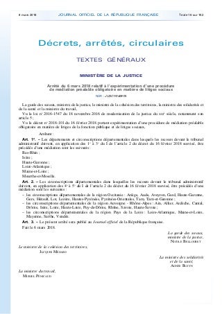 Arrêté lançant l'expérimentation de la médiaton obligatoire avant tout litige social