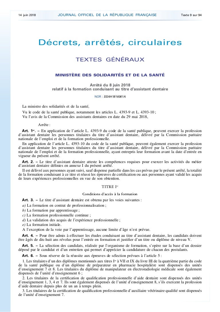 Assistant dentaire : arrêté sur la formation prévue