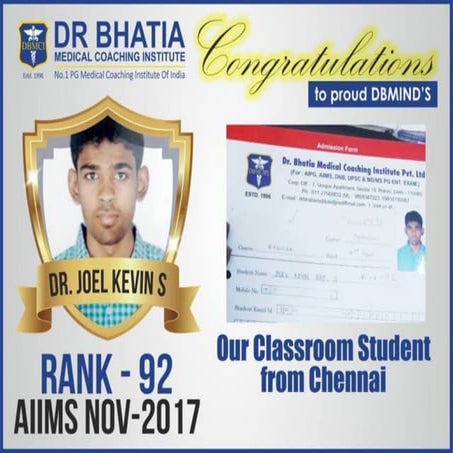 DBMind Dr. Joel Kevin S for securing Rank 92 in AIIMSNov17 !!! | PDF