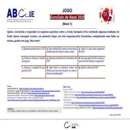 Jogo | EuroGalo de Natal 2025 (nível 1) - perguntas sobre a UE e o Natal