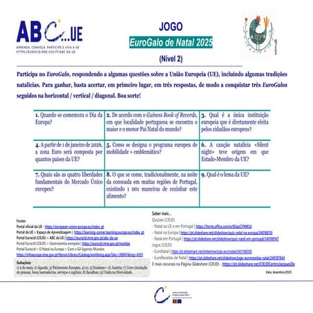 Jogo | EuroGalo de Natal 2025 (nível 2) - questões sobre a UE e o Natal