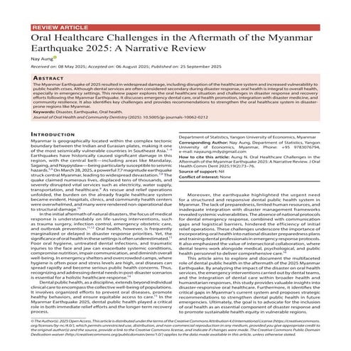 Oral Healthcare Challenges in the Aftermath of the Myanmar Earthquake 2025: A...