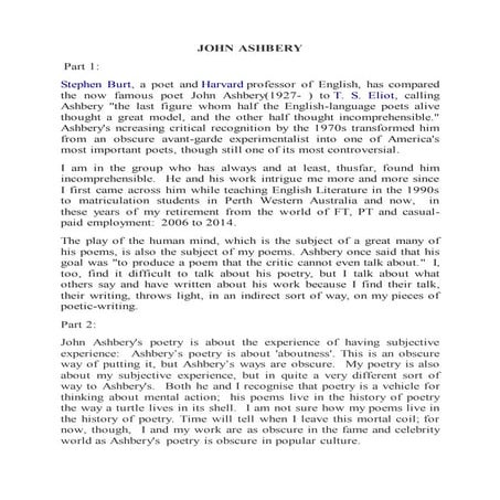 John Ashbery: Some Personal Reflections