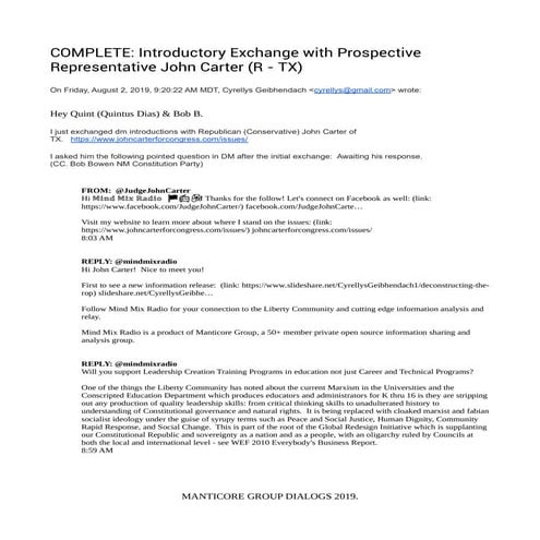 MANTICORE COMPLETE Introductory Exchange with Prospective Representative John...