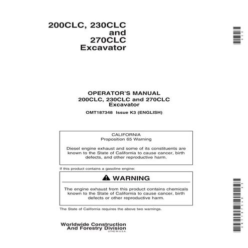 John Deere 200CLC, 230CLC and 270CLC Excavator Operators Manual-OMT187348.pdf