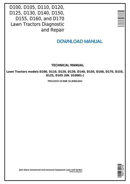 John Deere D125, D130 Lawn Tractors Repair Manual