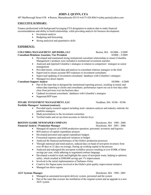 sample resume with work exp cfa on resumes