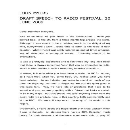 'Draft Speech By John Myers To The Radio Festival: 30 June 2009'
