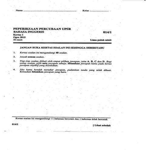Johor UPSR Trial Paper 1 | PDF