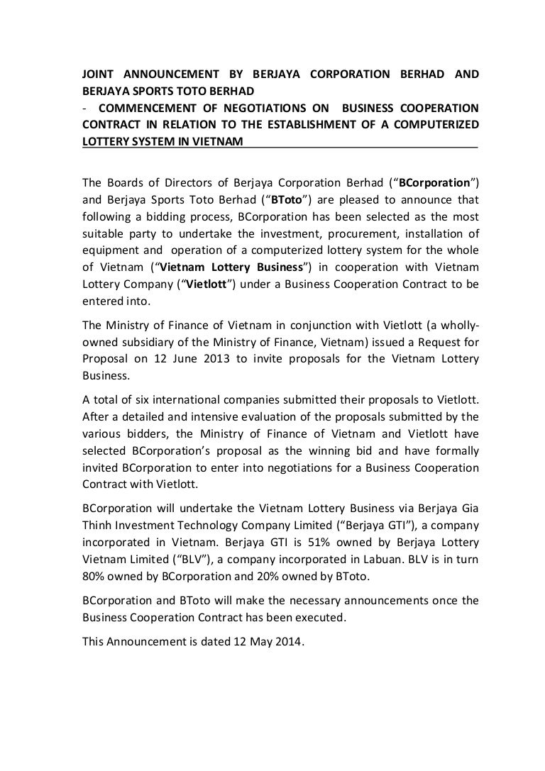 Joint Announcement Berjaya Corporation Berjaya Sports Toto