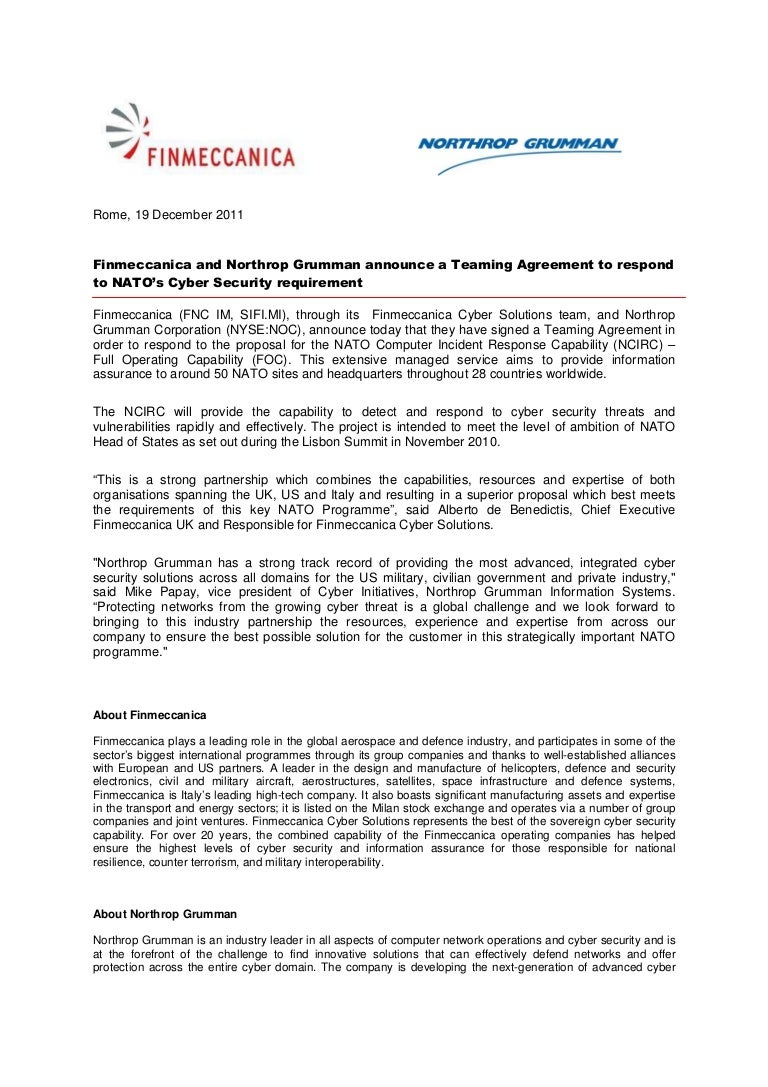 Finmeccanica And Northrop Grumman Announce A Teaming Agreement To Res