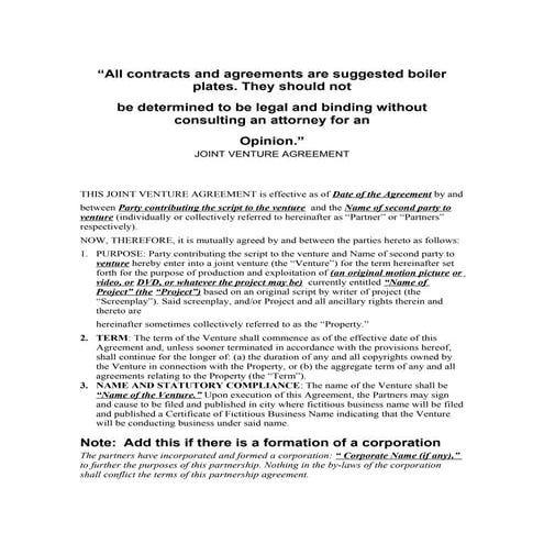 Sample of development joint venture agreement between owner of land and ...