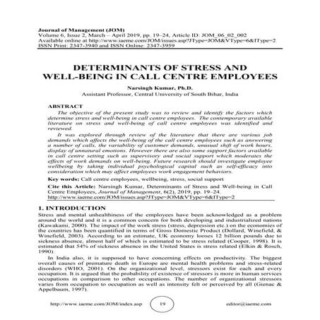 DETERMINANTS OF STRESS AND WELL-BEING IN CALL CENTRE EMPLOYEES | PDF