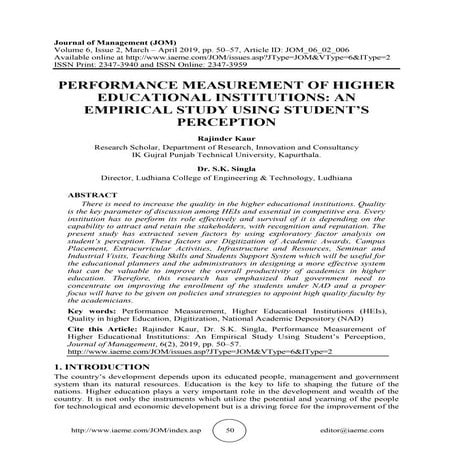 PERFORMANCE MEASUREMENT OF HIGHER EDUCATIONAL INSTITUTIONS: AN EMPIRICAL STUD...