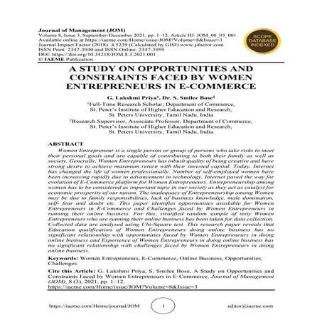 A STUDY ON OPPORTUNITIES AND CONSTRAINTS FACED BY WOMEN ENTREPRENEURS IN E-CO...