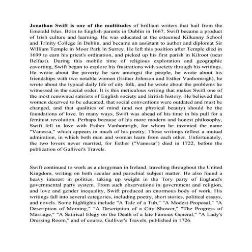 Jonathan swift is one of the multitudes of brilliant writers that hail from t...