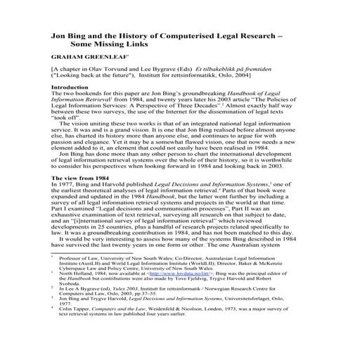 Jon Bing And The History Of Computerised Legal Research Some