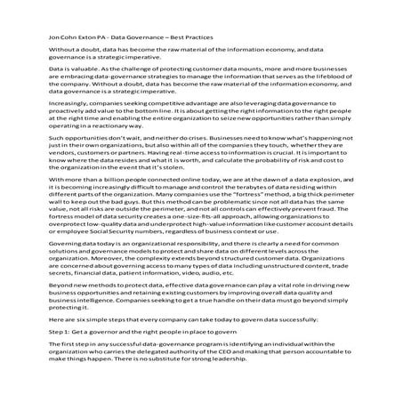 Jon Cohn Exton PA - Data Governance – Best Practices
