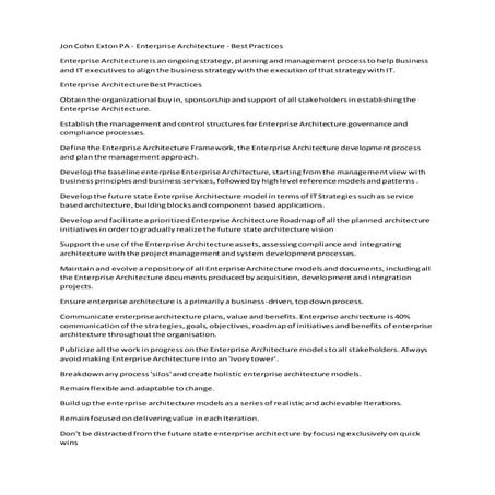 Jon Cohn Exton PA - Enterprise Architecture - Best Practices