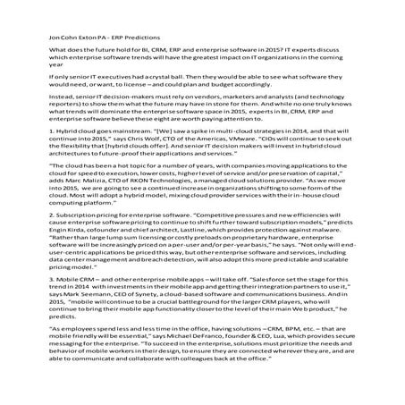 Jon Cohn Exton PA - ERP Predictions