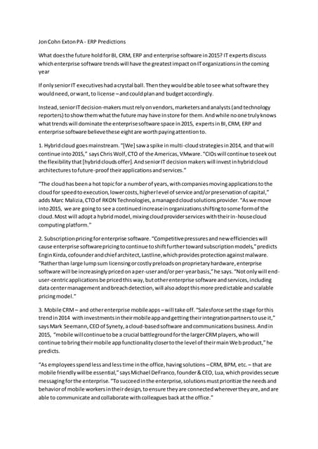Jon Cohn Exton PA - ERP Predictions