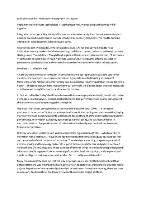 Jon Cohn Exton PA - Healthcare - Enterprise Architecture 