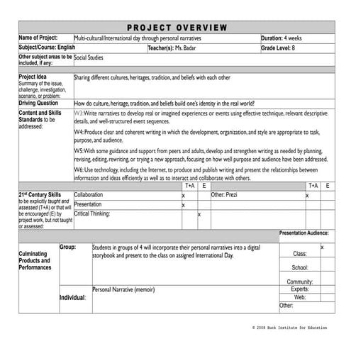 Joni Badar Project Planner: Personal Narrative Digital Storybook