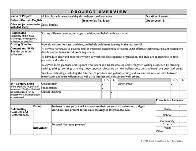 Joni Badar Project Planner: Personal Narrative Digital Storybook