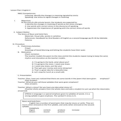 lesson plan for stress and verb pairs