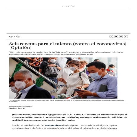 Jon Pérez: Seis recetas para el talento (contra el coronavirus)