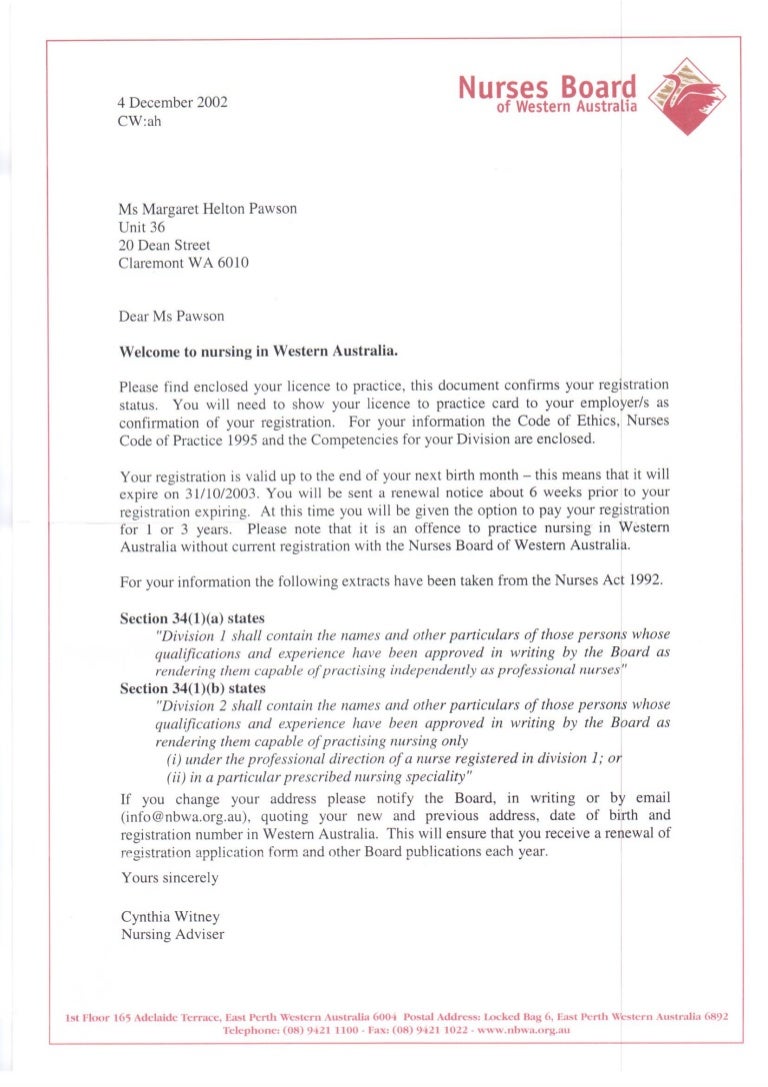 Letter from the Nurses Board of Western Australia