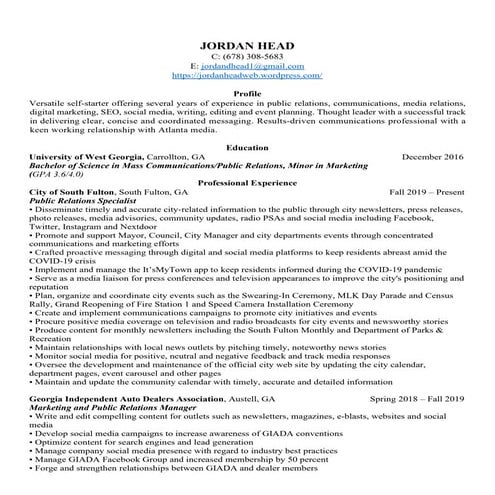 Jordan Head's Resume