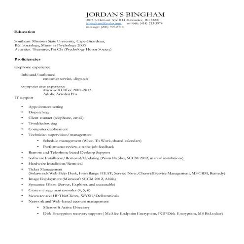 Jordan S Bingham resume