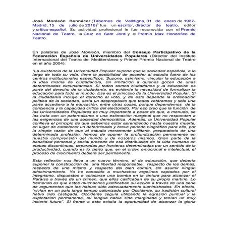 José Monleón Benacer-Reflexiones sobre las Universidades Populares