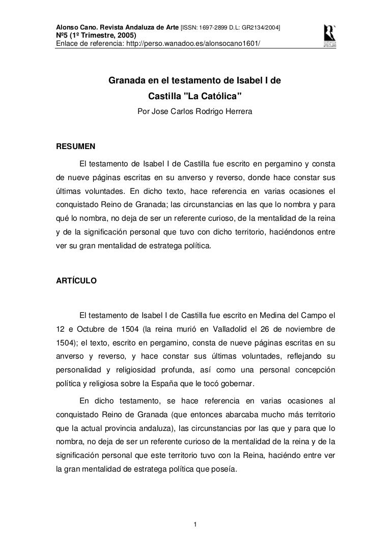 Granada En El Testamento De Isabel I De Castilla La Catolica Alon