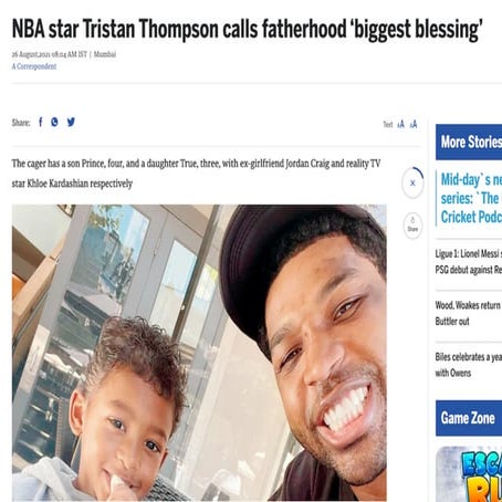 NBA star Tristan Thompson calls fatherhood 'biggest blessing'. | PDF