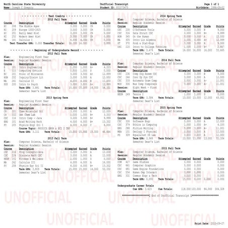 Joseph Gregory Unofficial Transcript