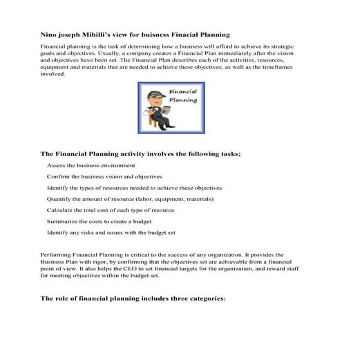 Nino joseph Mihilli’s view for buisness Finacial Planning