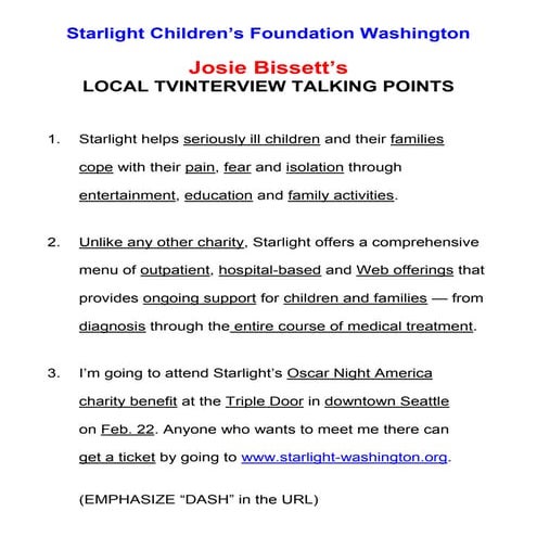 (Starlight) TV talking points for Josie Bissette