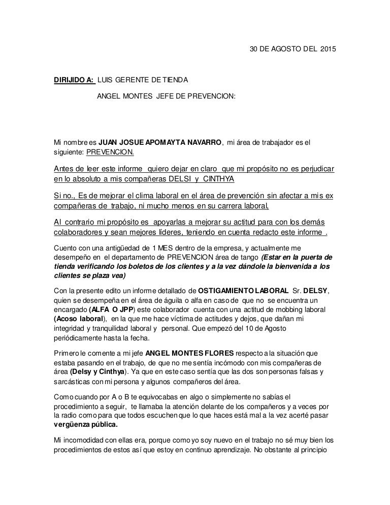 Carta De Renuncia Por Mal Ambiente Laboral