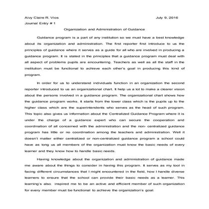 Organization and administration of guidance