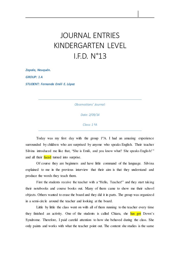 Journal entries Kindergarten Level