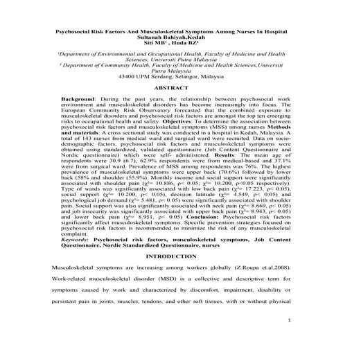 PSYCHOSOCIAL RISK FACTORS AND MUSCULOSKELETAL SYMPTOMS AMONG NURSES | PDF