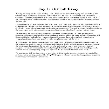 Joy Luck Club Essay. The joy luck club. The Joy Luck Club | PDF