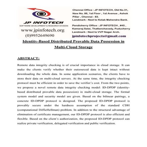 JPD1407  Identity-Based Distributed Provable Data Possession in Multi- Cloud ...