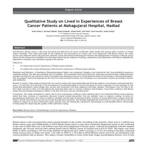 Qualitative Study on Lived in Experiences of Breast Cancer Patients at Mahagu...
