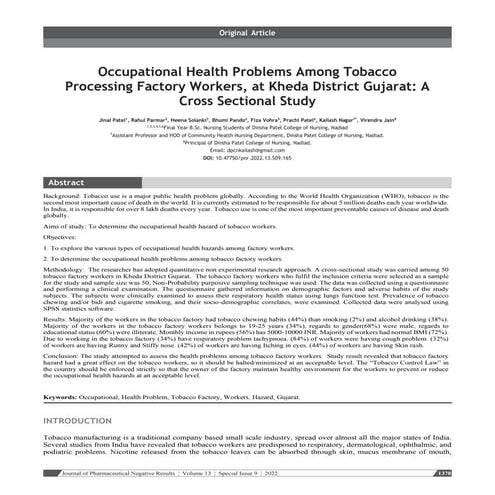 Occupational Health Problems Among Tobacco Processing Factory Workers, at Khe...