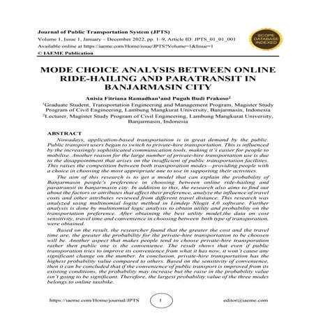 MODE CHOICE ANALYSIS BETWEEN ONLINE RIDE-HAILING AND PARATRANSIT IN BANJARMAS...