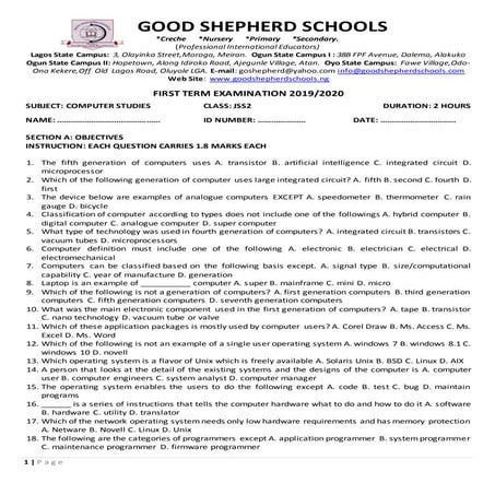 JSS2 COMPUTER STUDIES EXAMINATION (FIRST TERM)
